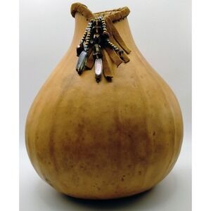 Handmade Gourd Vase Leather Wrapped Crystal Beads Fringe Folk Art Boho Artisian